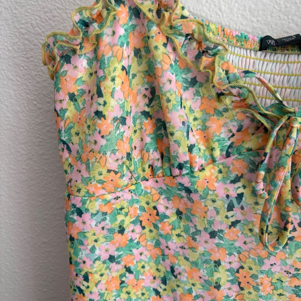 Wild Fable Floral Mini Dress Green Orange Pink Ruffle Smocked Back Womens Size M - Picture 5 of 8